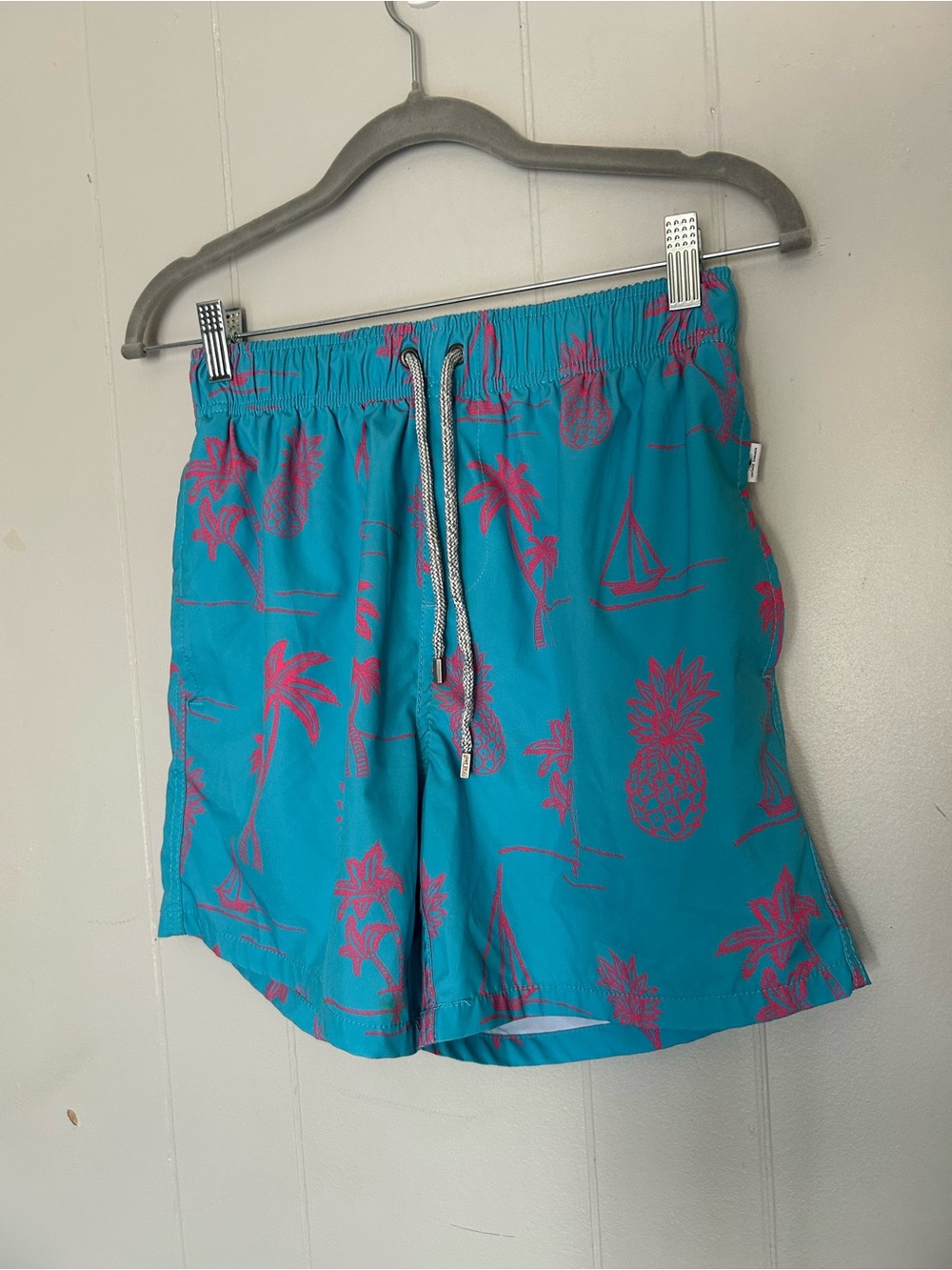 Vintage Summer Tropical Pineapple Palm Tree Swim Trunks Blue Pink Size Small